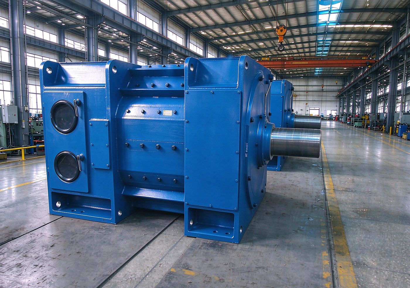 Large blue DC motor with live shaft in modern production hall