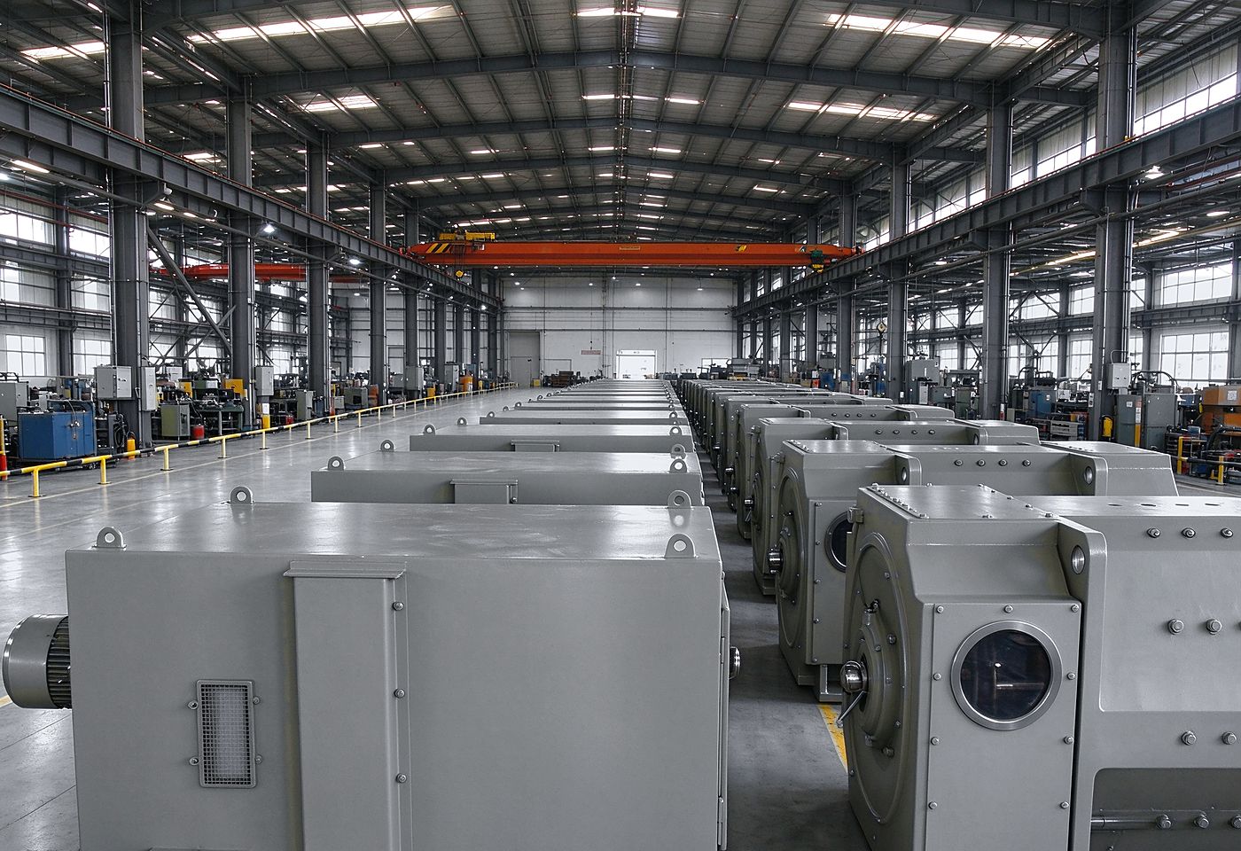 Row of finished DC motors staged in assembly hall