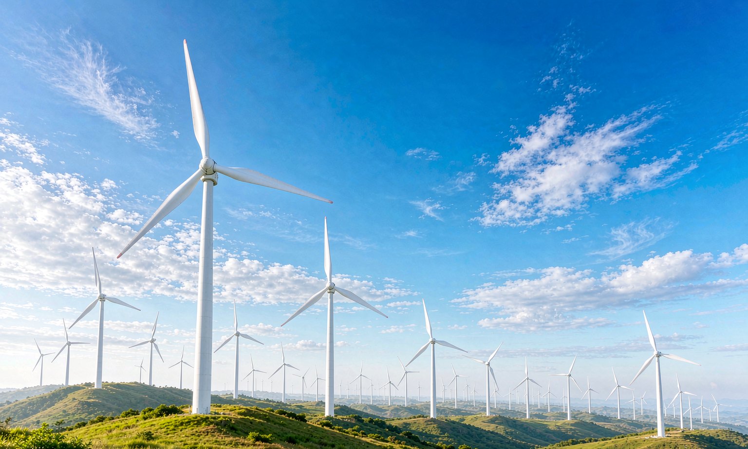 Wind turbines under a bright blue sky