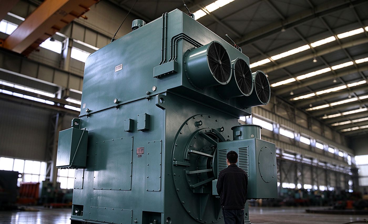 Large YRKK slip-ring induction motor with engineer for scale